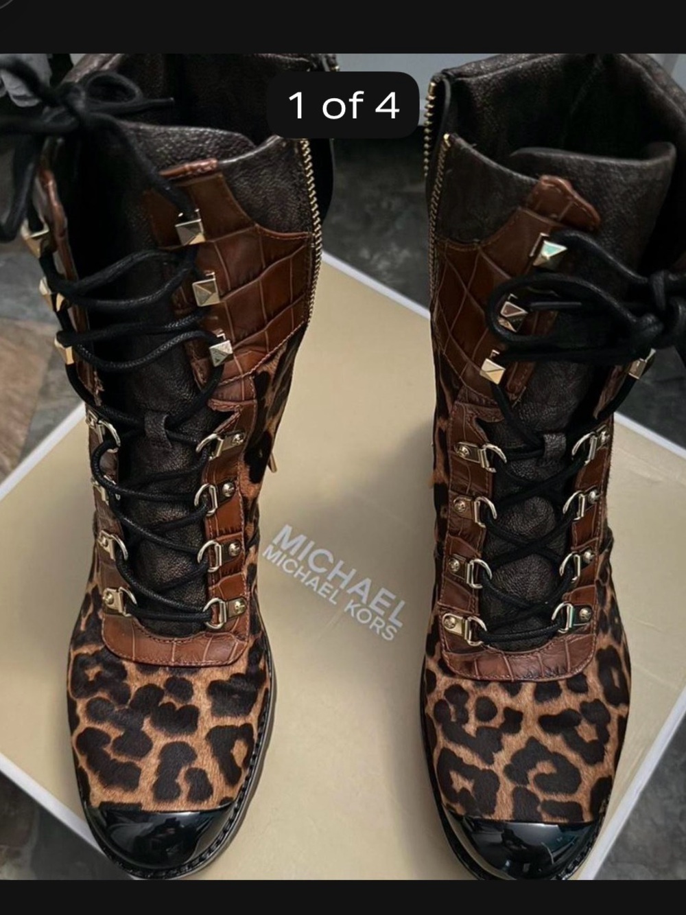 Michael Kors Leopard and Brown Lace-Up Combat Boots with Black Patent Toe